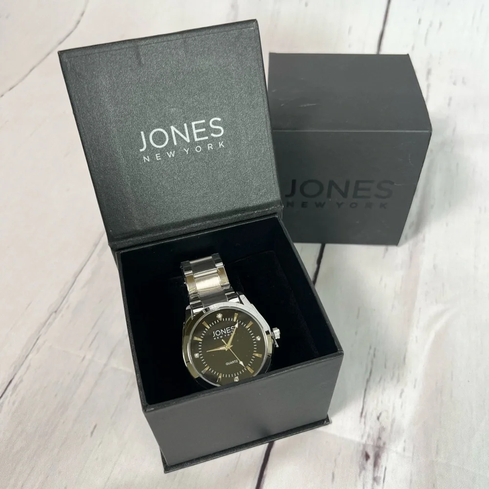 NWT Jones New York Mens Watch Silver Stainless Steel Black Face Crystal Accent